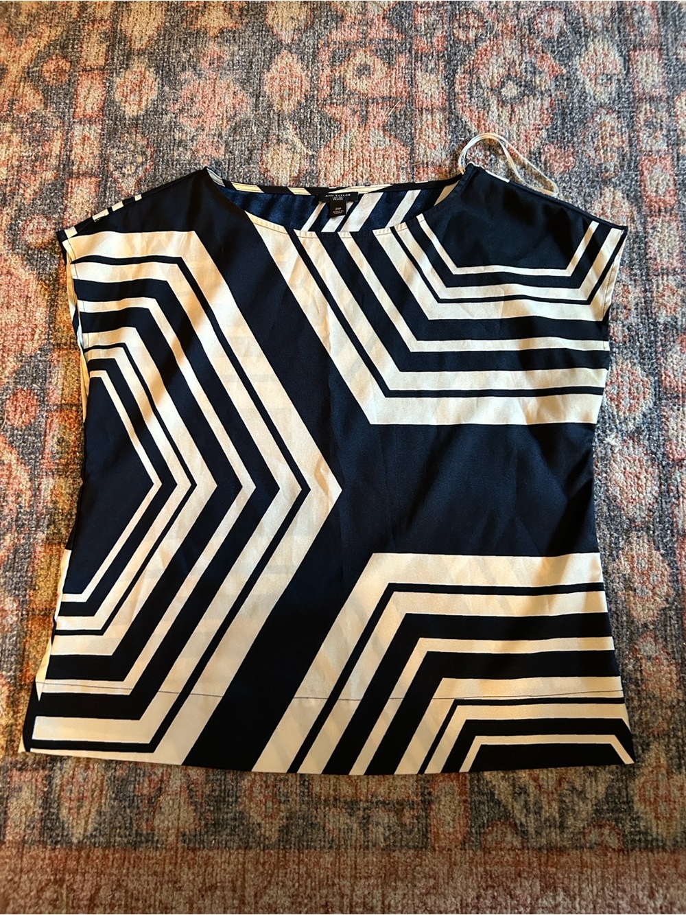 Ann Taylor Petite Navy and White Striped Geometric Top